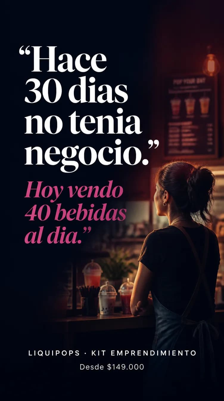 Pieza testimonial de emprendedora en su barra de bebidas con perlas explosivas LiquiPops, kit de emprendimiento