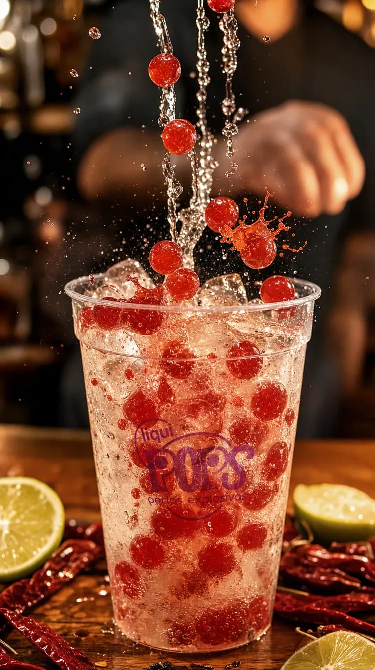 Pieza grafica tropical con perlas explosivas LiquiPops de colores como topping para bubble tea en Colombia