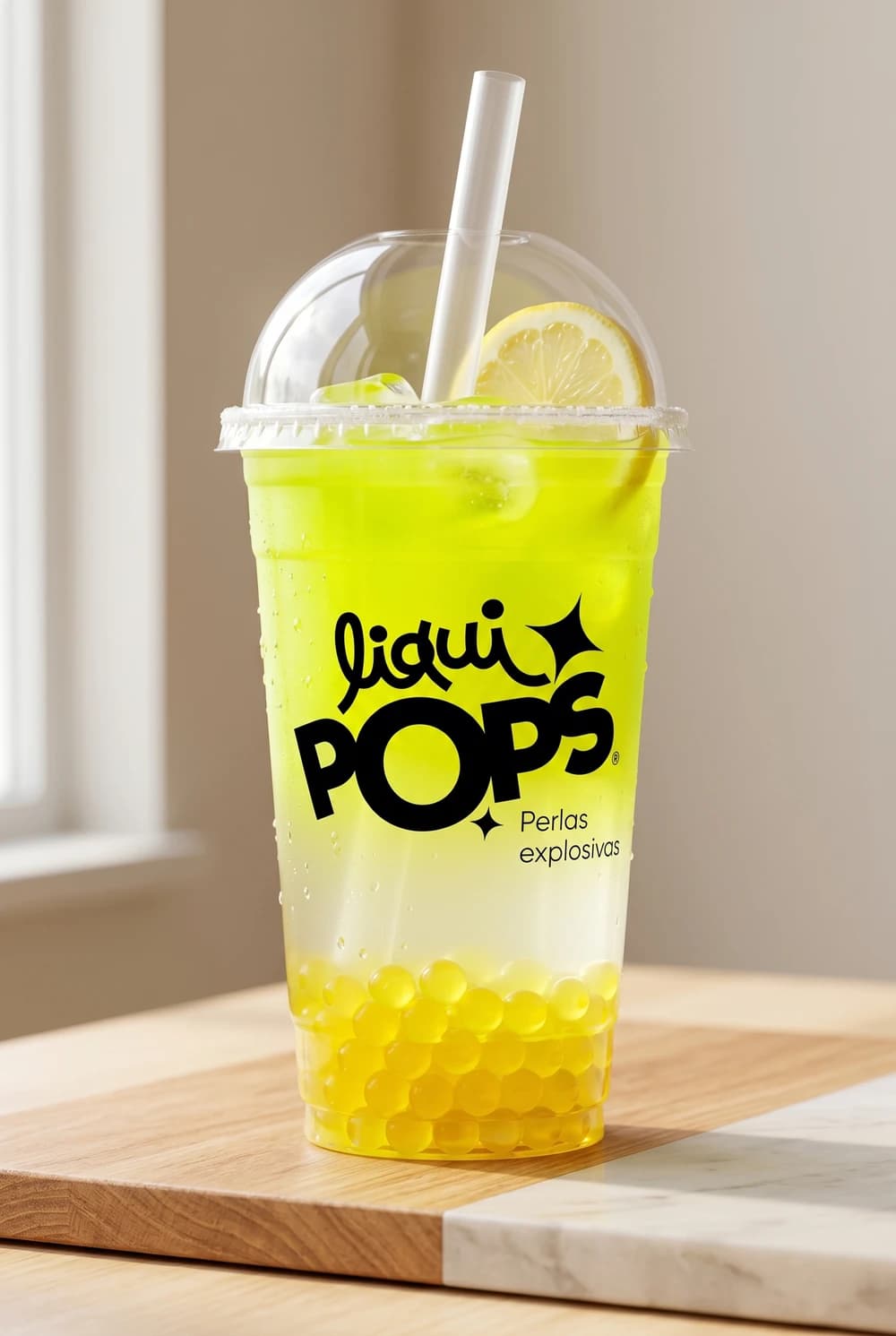 Limonada de maracuya neon con borde de sal y perlas explosivas amarillas LiquiPops — vaso con rodaja de limon