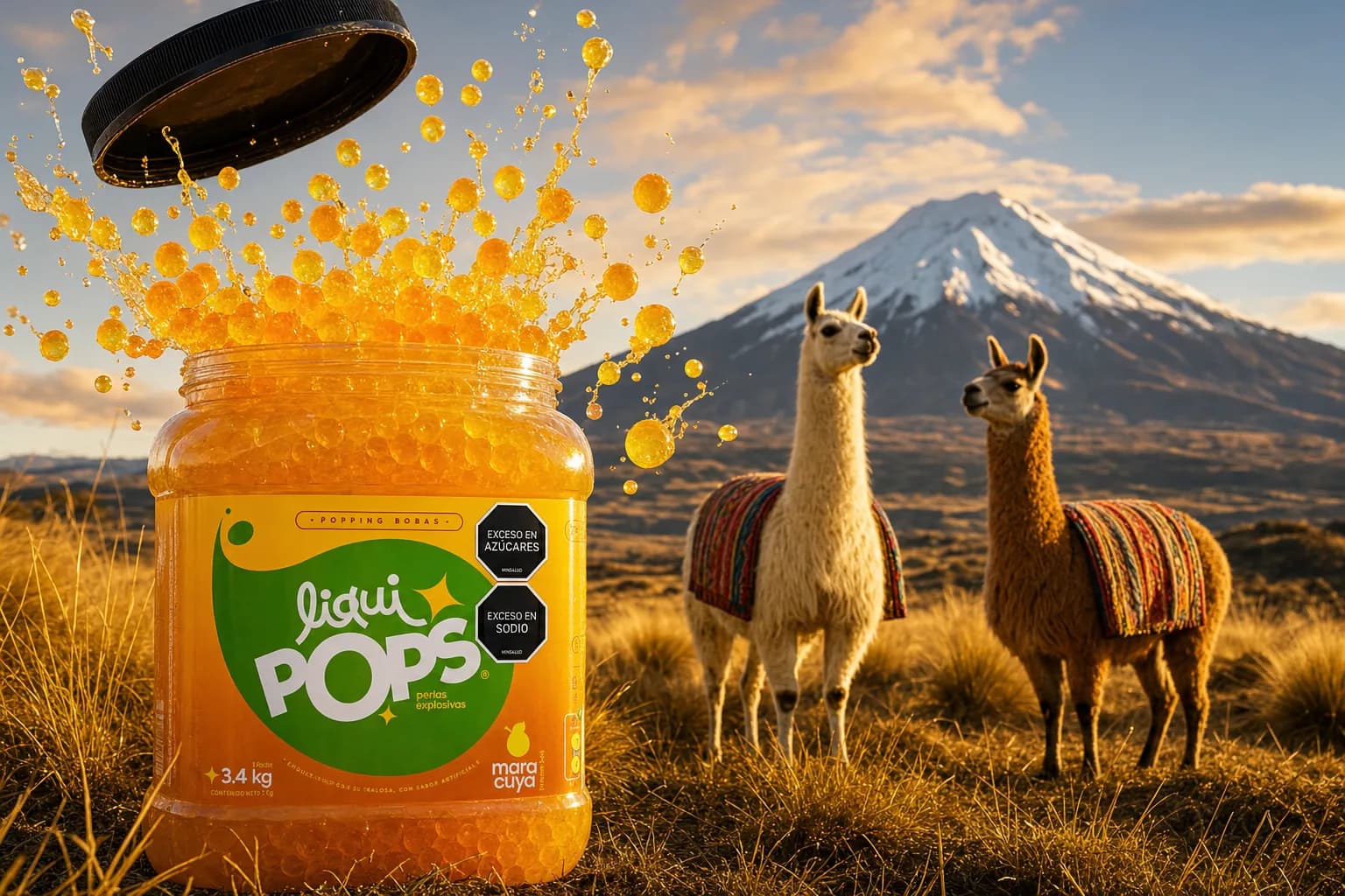 Tarro de perlas explosivas LiquiPops con perlas estallando frente a dos llamas y el volcán Cotopaxi en Ecuador