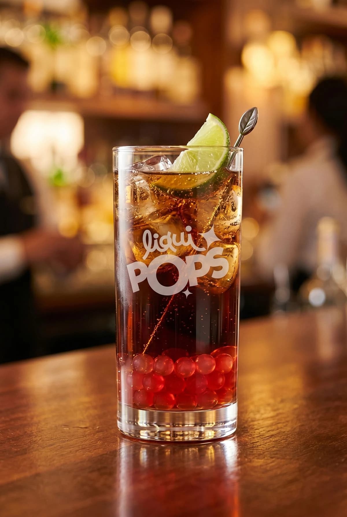 Cóctel cuba libre con perlas explosivas rojas LiquiPops y lima servido en la barra de un bar