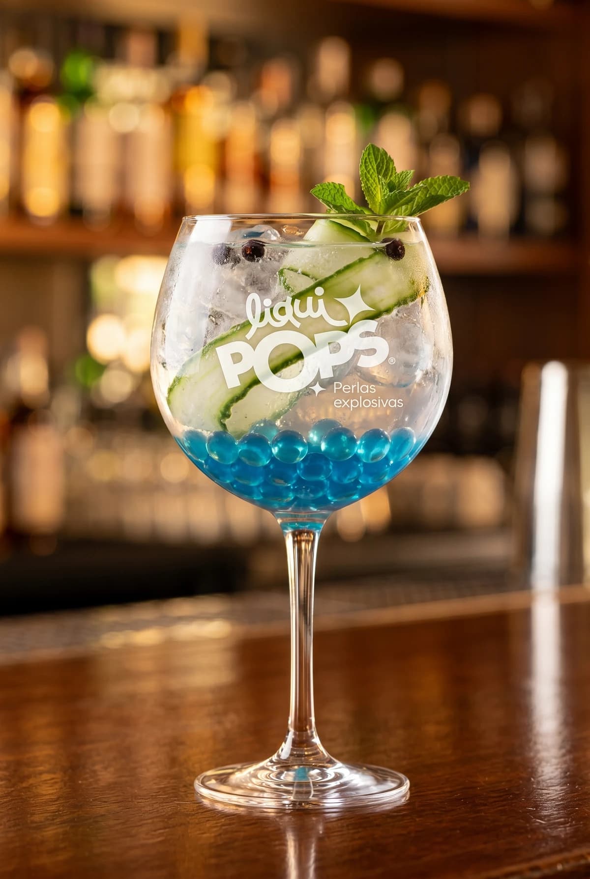 Cóctel gin tonic con pepino, menta y perlas explosivas LiquiPops azules — copa balón en barra de bar