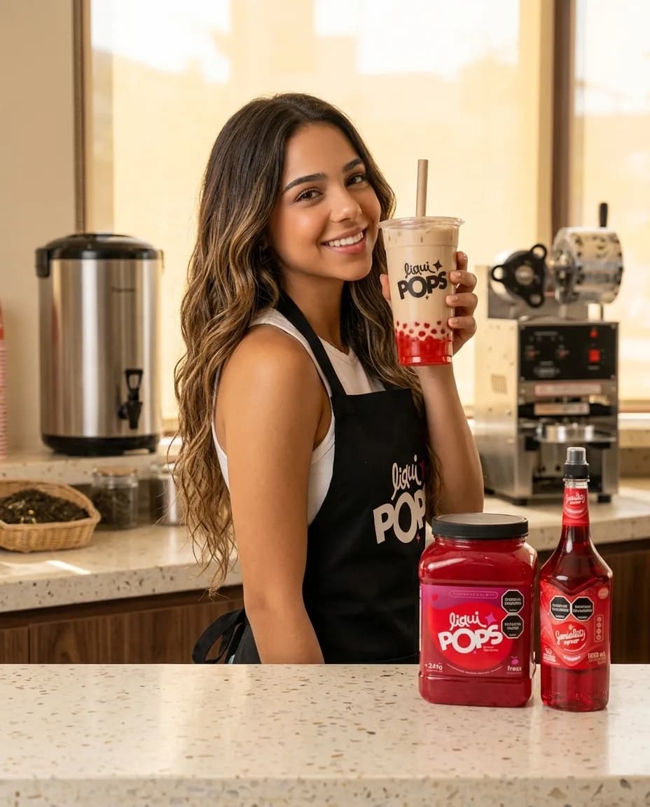 Emprendedora con delantal negro LiquiPops sosteniendo un bubble tea sellado con perlas explosivas de fresa en el fondo, en su local de estantería de roble, con el tarro de 3,4 kg y el sirope Geniality en el mostrador