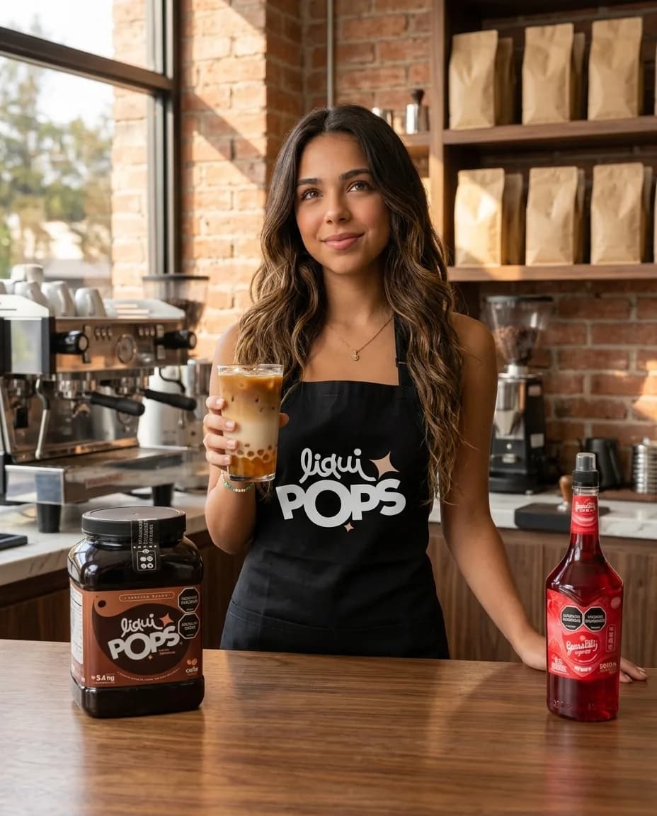 Emprendedora con delantal negro LiquiPops sosteniendo un latte helado con una capa de perlas explosivas sabor café en el fondo del vaso, en su cafetería de especialidad, con el tarro de 3,4 kg de café y el sirope Geniality