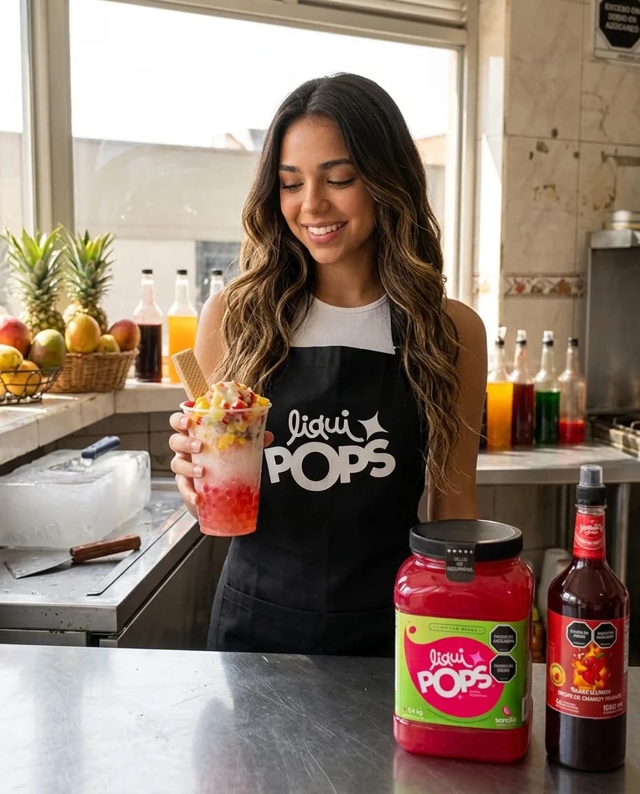 Emprendedora con delantal negro LiquiPops sosteniendo un cholado de hielo raspado con fruta picada y perlas explosivas de sandía, en su puesto de cholados, con el tarro de 3,4 kg y el sirope SkarCHAMOY