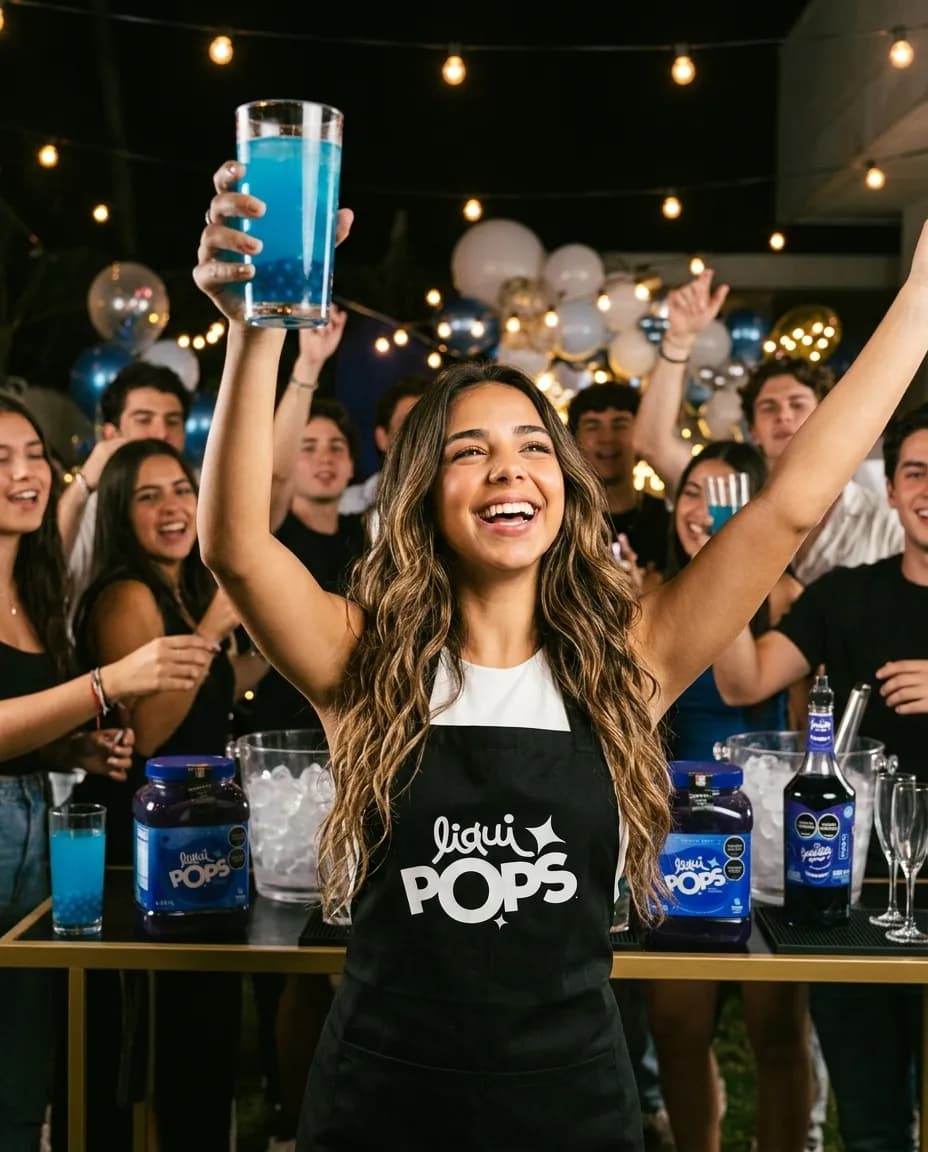 Emprendedora con delantal negro LiquiPops brindando con una bebida azul con perlas explosivas en una fiesta de noche con luces colgantes y gente celebrando, con el tarro de 3,4 kg y el sirope Geniality en la mesa de bebidas
