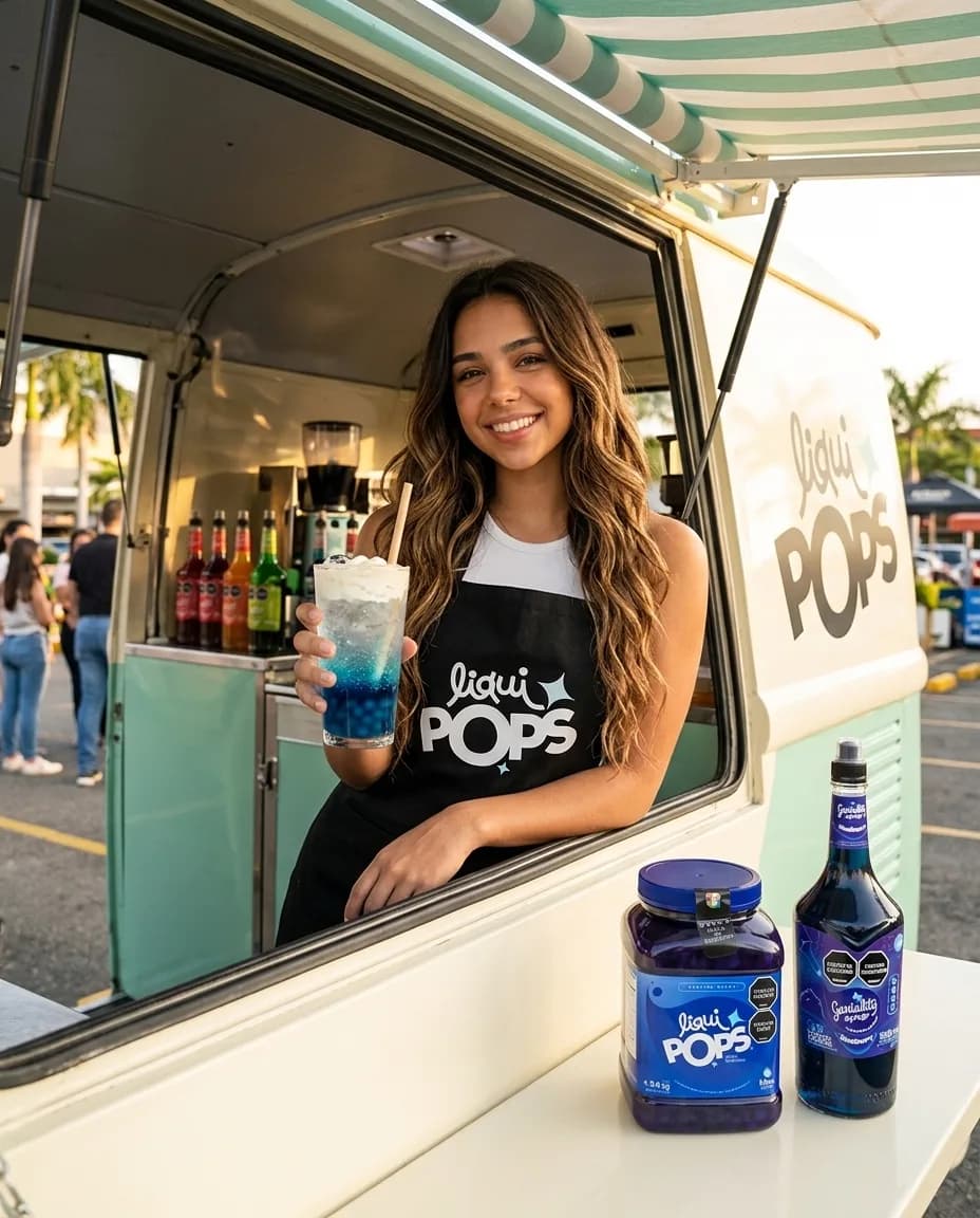 Emprendedora con delantal negro LiquiPops asomada a la ventana de su foodtruck de sodas italianas, sosteniendo una soda azul con perlas explosivas, con el tarro de 3,4 kg y el sirope Geniality en la ventana
