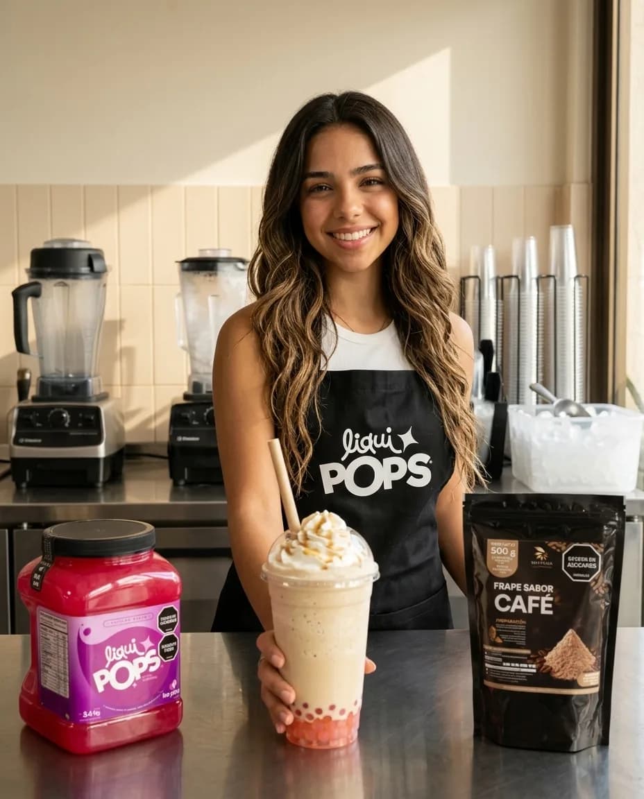 Emprendedora con delantal negro LiquiPops dejando en el mostrador un frappé cremoso con crema batida y perlas explosivas en el fondo, en su barra de frappés con licuadora, con el tarro de 3,4 kg y la bolsa de mezcla lista para frappé