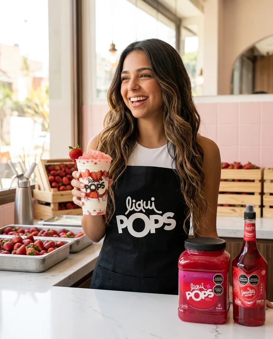 Emprendedora con delantal negro LiquiPops sosteniendo un vaso de fresas con crema coronado con perlas explosivas, en su local de fresas con crema con bandejas de fruta fresca, con el tarro de 3,4 kg y el sirope Geniality