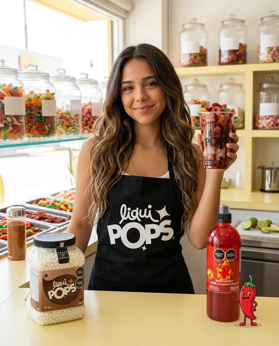 Emprendedora con delantal negro LiquiPops sosteniendo un vaso de gomitas enchiladas con chamoy y perlas explosivas de coco, en su dulcería de pared rosa y amarilla, con el tarro de 3,4 kg y el sirope SkarCHAMOY