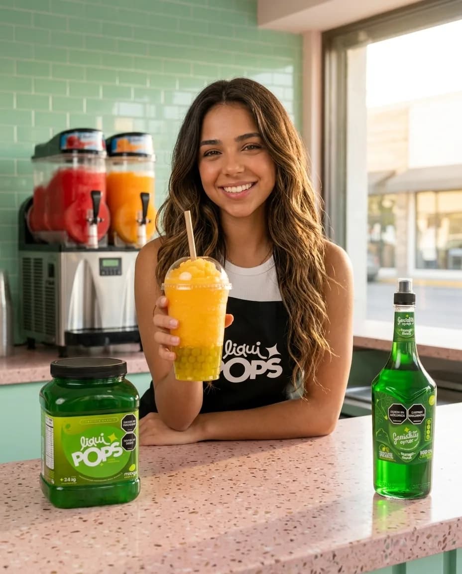 Emprendedora con delantal negro LiquiPops sirviendo un granizado de mango biche con perlas explosivas, en su local de granizados de azulejo verde menta, con el tarro de 3,4 kg y el sirope Geniality en el mostrador