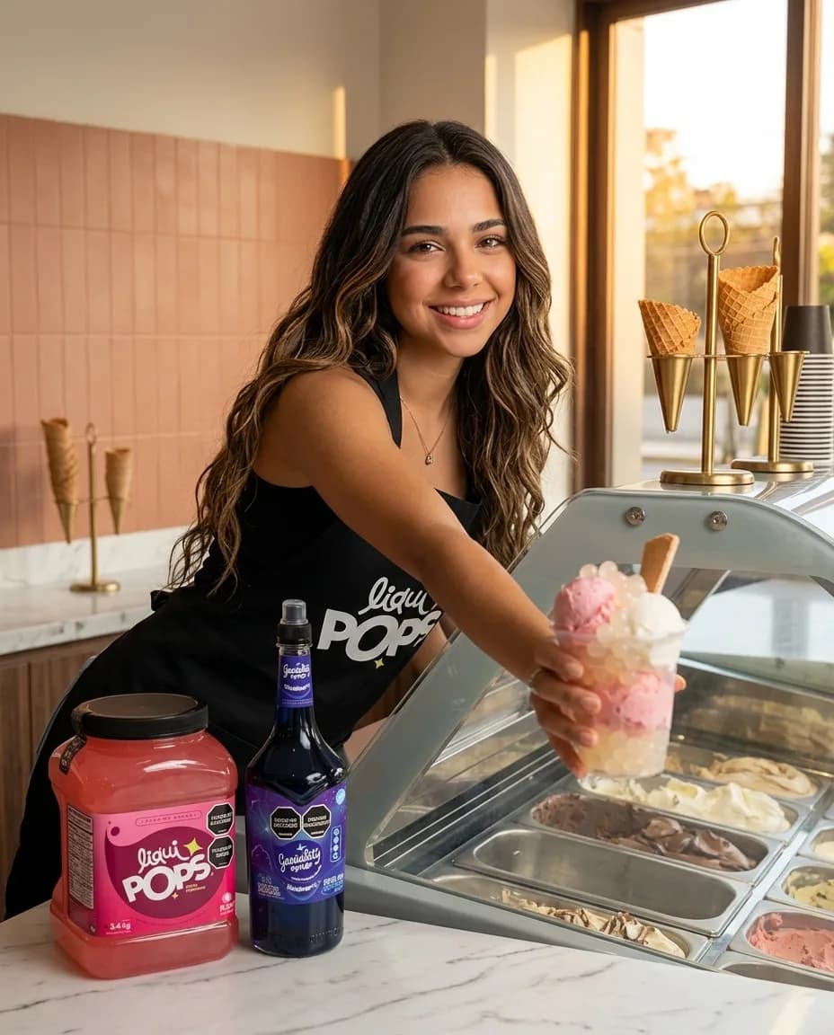 Emprendedora con delantal negro LiquiPops entregando una copa de helado con perlas explosivas por encima, en su heladería con vitrina curva de gelato, con el tarro de 3,4 kg y el sirope Geniality