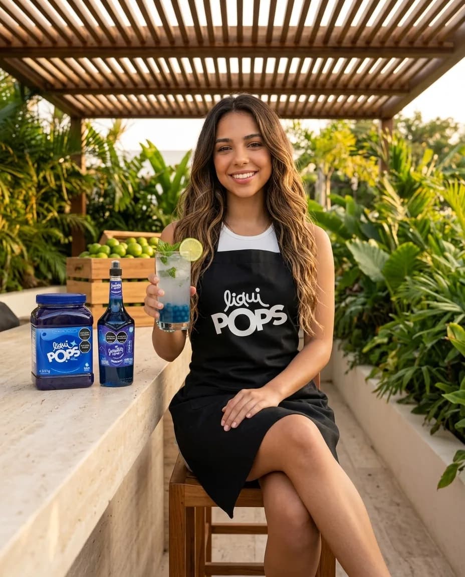 Emprendedora con delantal negro LiquiPops sentada en su terraza de limonadas con pérgola de listones, sosteniendo una limonada de blueberry con perlas explosivas, con el tarro de 3,4 kg y el sirope Geniality