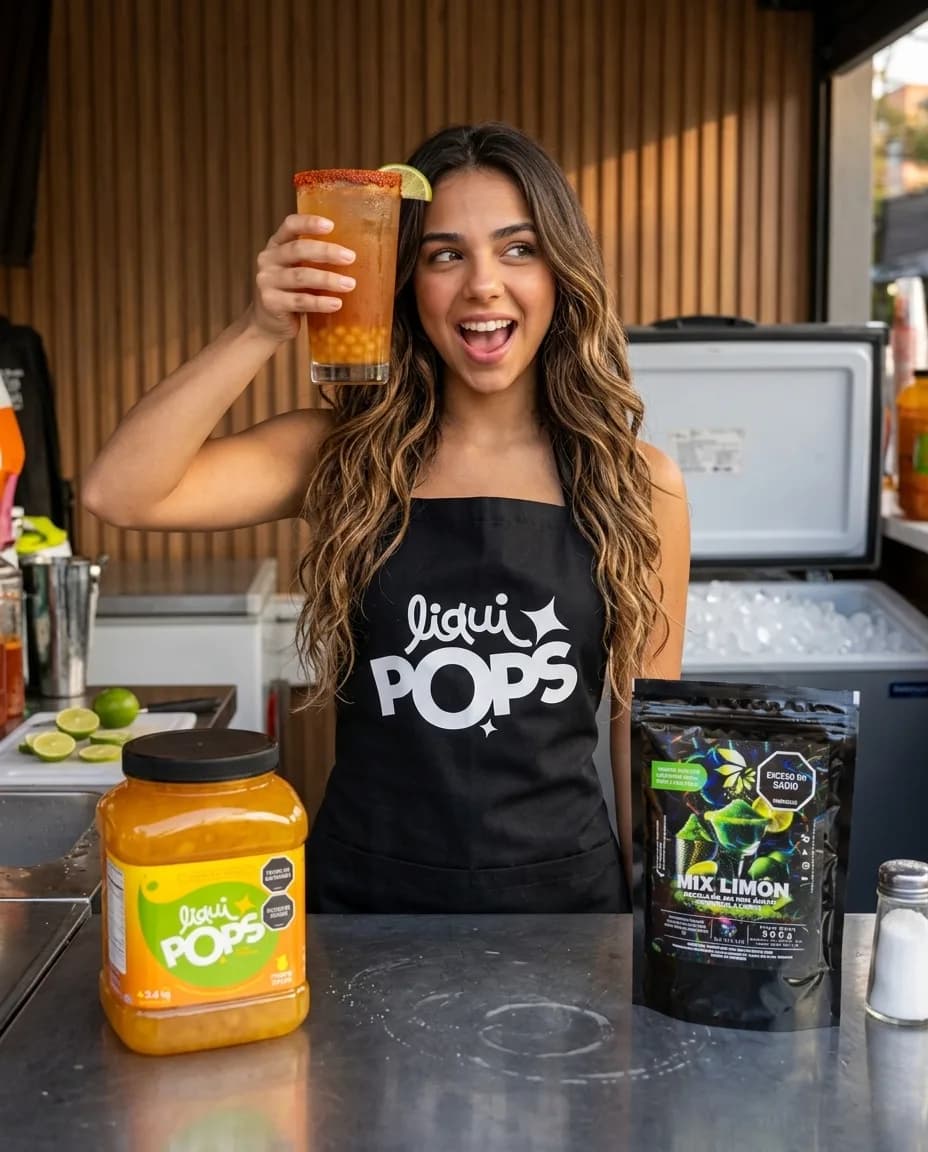 Emprendedora con delantal negro LiquiPops sosteniendo una michelada preparada con borde escarchado de chile y perlas explosivas, en su barra de micheladas, con el tarro de 3,4 kg y la sal Skarcha en el mostrador