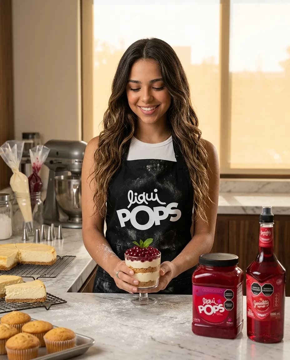 Emprendedora con delantal negro LiquiPops sosteniendo una copa de postre de cheesecake coronada con perlas explosivas de cereza, en su taller de repostería con mesón de mármol, con el tarro de 3,4 kg y el sirope Geniality