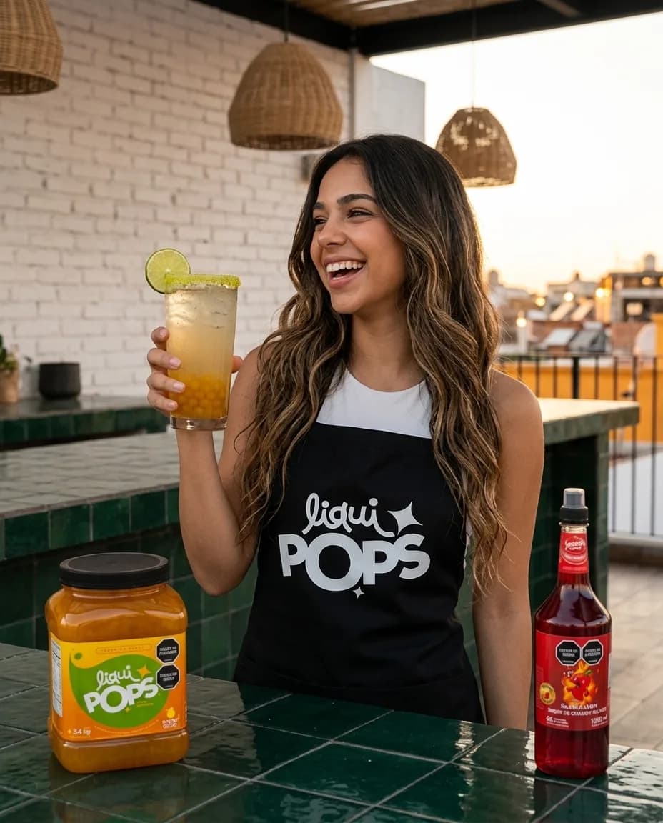 Emprendedora con delantal negro LiquiPops sosteniendo una soda michelada con borde escarchado y perlas explosivas de maracuyá, en su bar de azotea al atardecer, con el tarro de 3,4 kg y el sirope SkarCHAMOY en el mostrador
