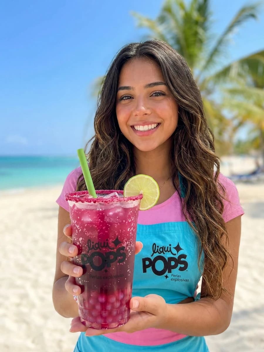 Lia Pops sosteniendo soda michelada de chamoy con perlas explosivas hibiscus en playa caribeña colombiana