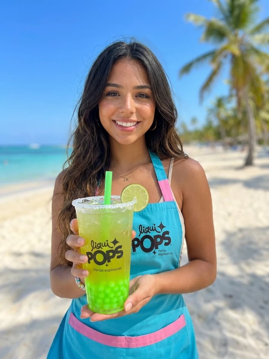 Lia Pops sosteniendo soda michelada de mango biche con sal con perlas explosivas verde manzana neón en playa caribeña colombiana