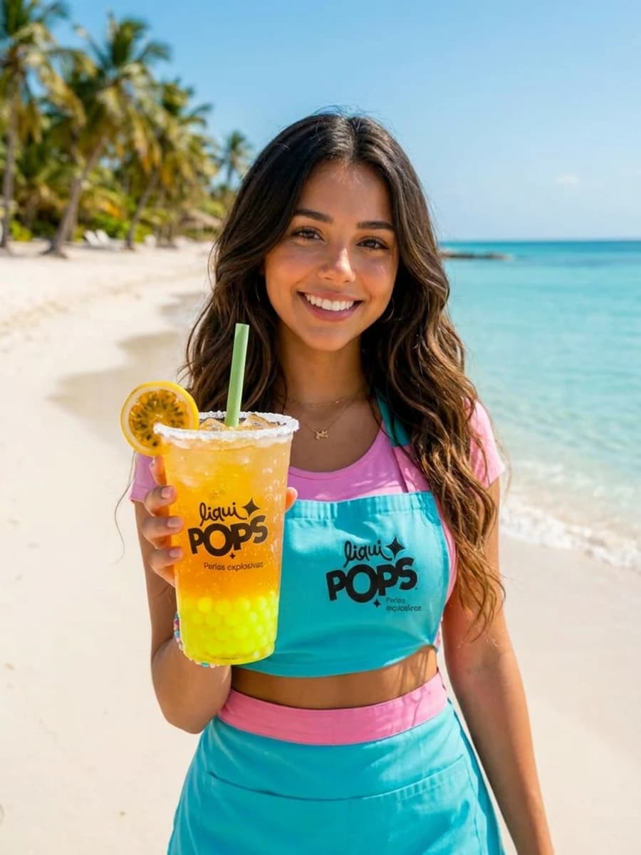 Lia Pops sosteniendo soda michelada de maracuyá con sal con perlas explosivas amarillo neón en playa caribeña colombiana