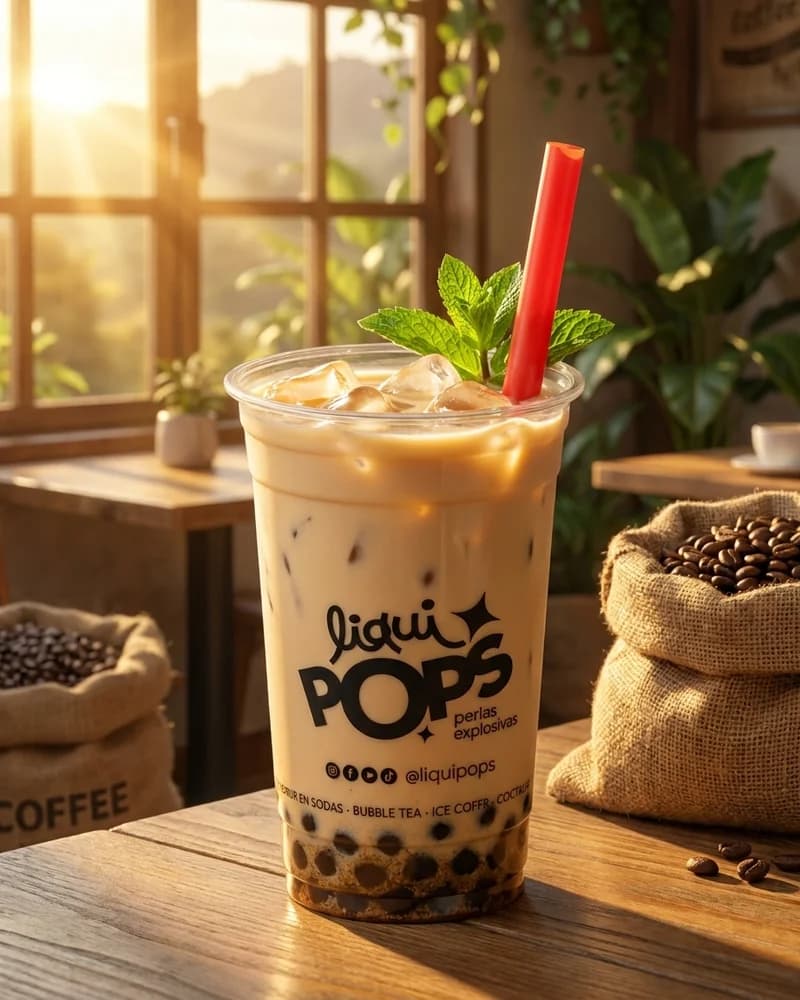 Bubble tea de café con leche y perlas explosivas LiquiPops, decorado con hierbabuena en vaso para llevar junto a granos de café
