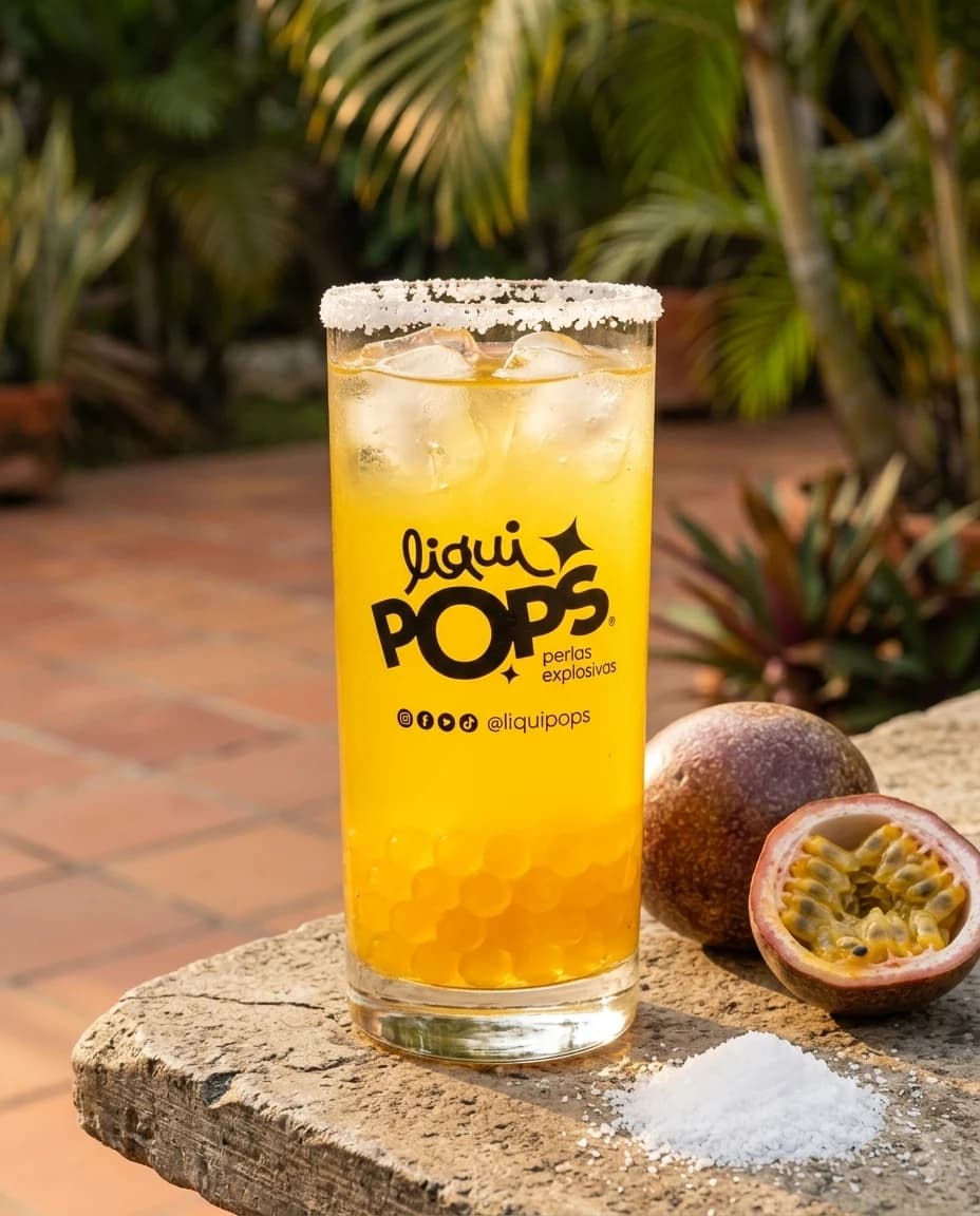 Limonada de maracuyá con borde de sal y perlas explosivas LiquiPops en vaso alto junto a maracuyá fresca — bebida con popping boba