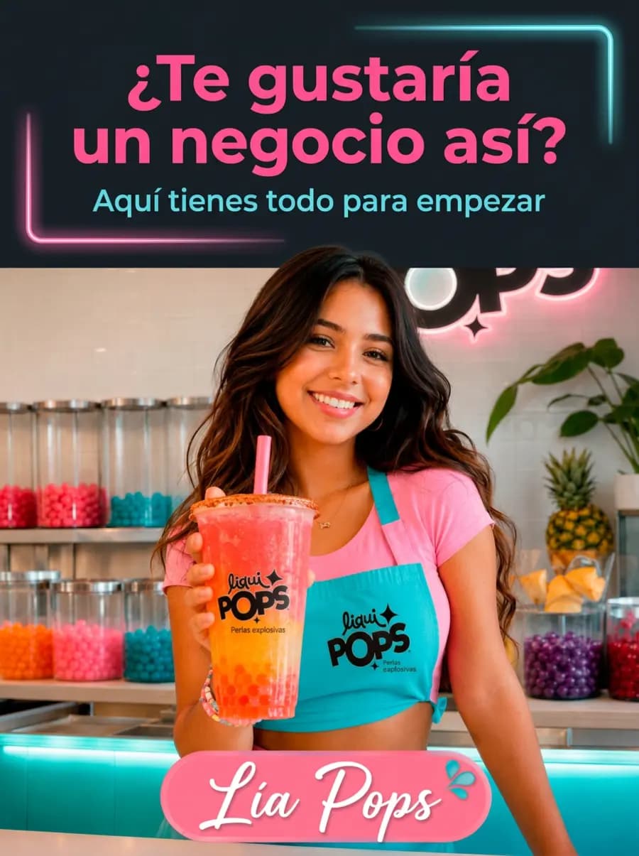 Chica sirviendo bebida con perlas explosivas LiquiPops en barra con frascos de colores — idea de negocio de bubble tea y sodas