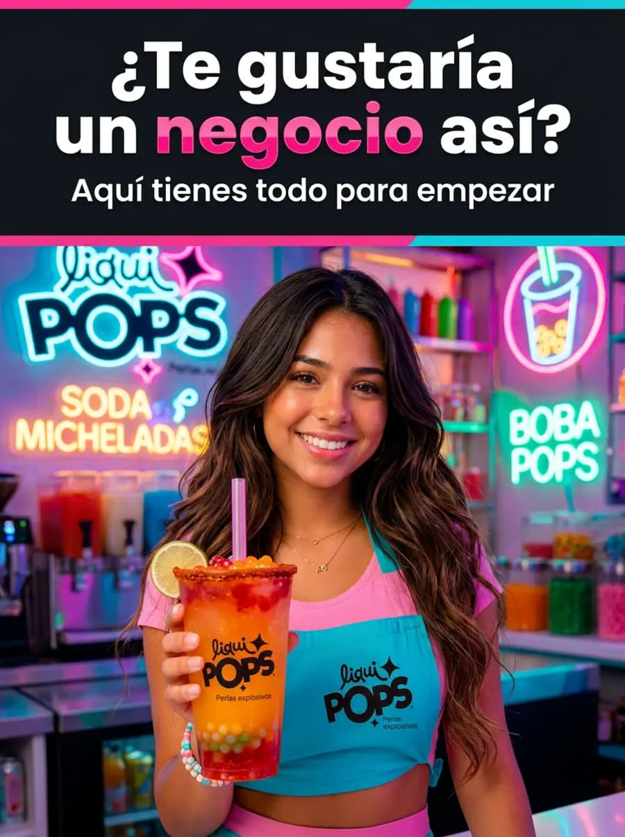 Chica con bebida de perlas explosivas LiquiPops en barra neón de sodas y micheladas — idea de negocio bubble tea