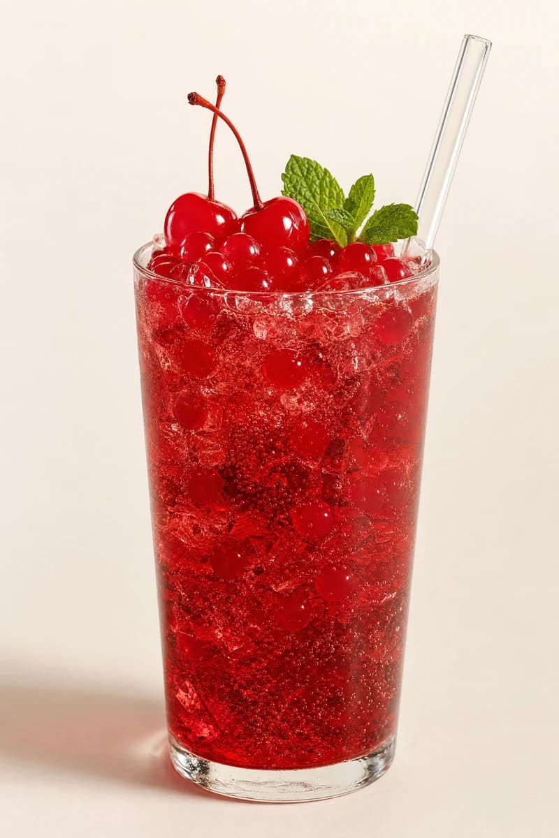 Soda roja de cereza con perlas explosivas LiquiPops, cerezas frescas y hierbabuena en vaso alto con hielo