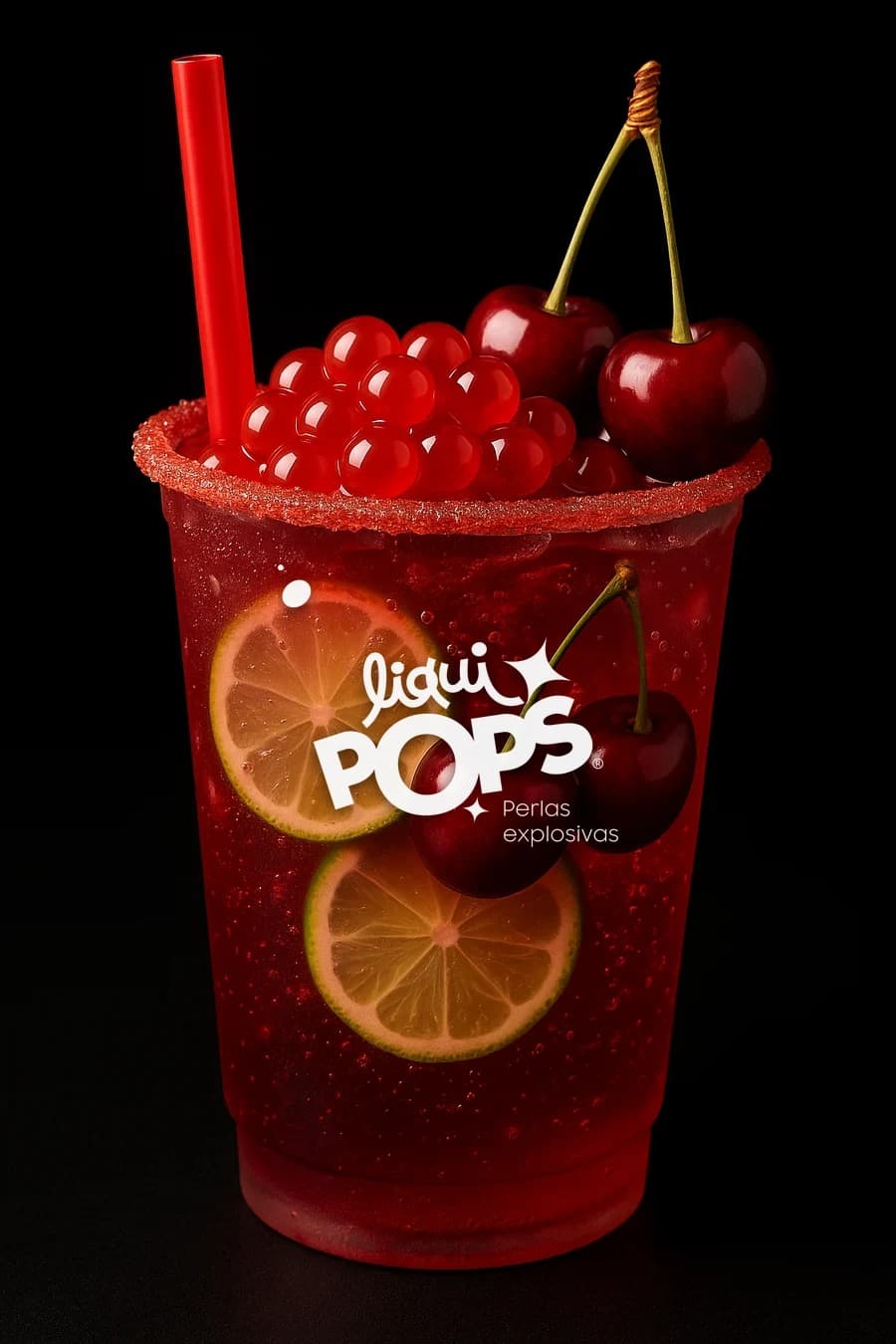 Soda roja de cereza con perlas explosivas LiquiPops, cerezas y rodajas de limón en vaso escarchado sobre fondo negro