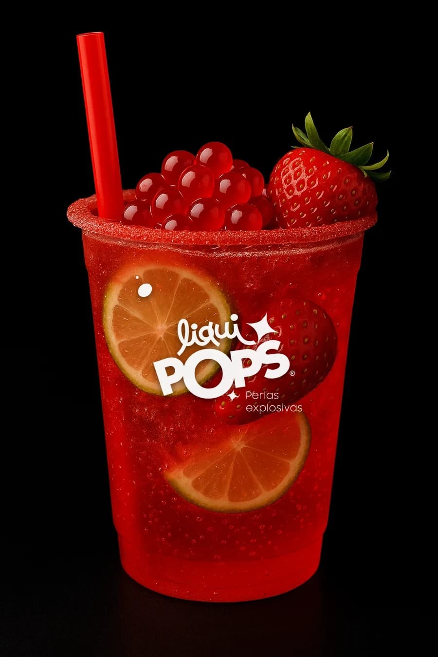 Soda de fresa y limon con perlas explosivas rojas LiquiPops en vaso escarchado con fresa fresca