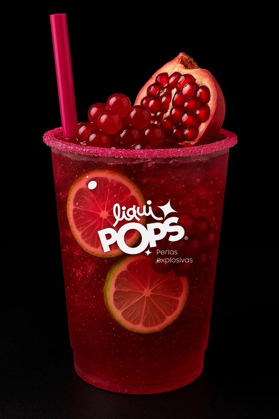 Soda de granadina con granada fresca, limon y perlas explosivas rojas LiquiPops en vaso escarchado