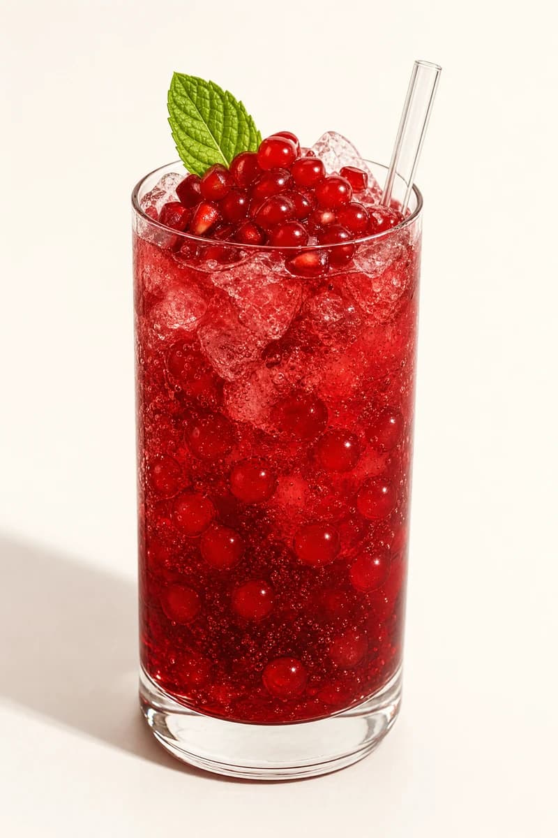 Soda de granadina con perlas explosivas rojas LiquiPops, granos de granada y hierbabuena sobre hielo