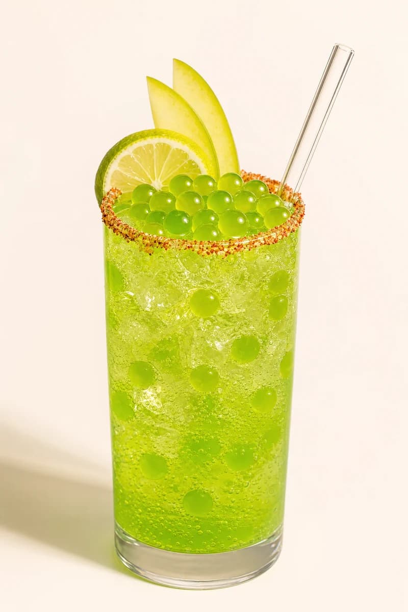 Soda de mango biche verde con perlas explosivas LiquiPops, escarchado picante y rodajas de limon en vaso alto
