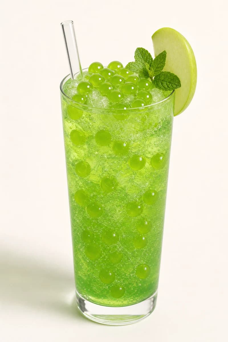Soda de manzana verde con perlas explosivas LiquiPops, hojas de menta y rodaja de manzana en vaso alto
