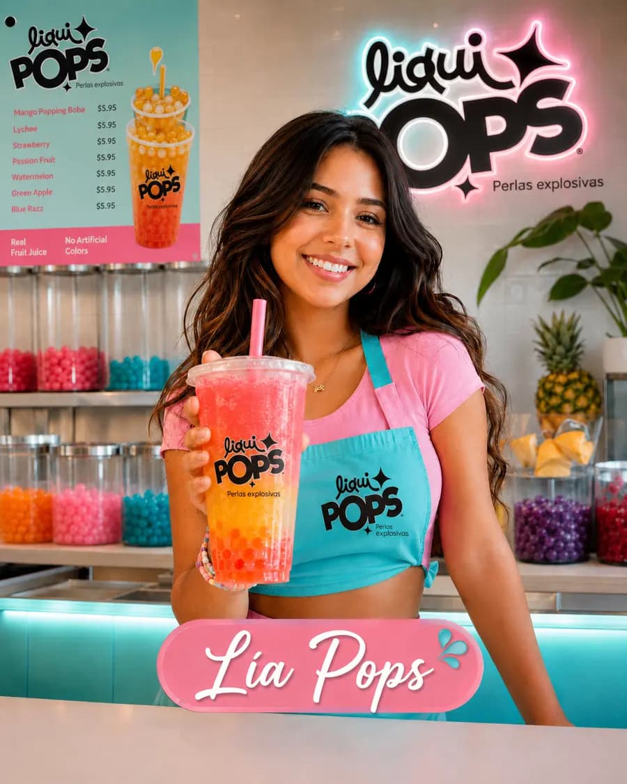 Joven en un stand muestra una soda de maracuyá y fresa con perlas explosivas LiquiPops y menú de sabores — disfrutando popping boba