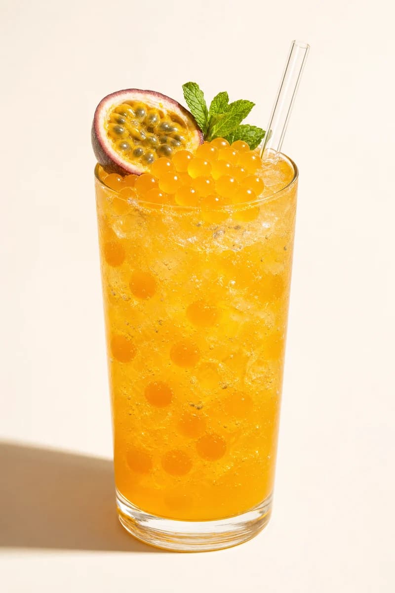 Soda de maracuya naranja con perlas explosivas LiquiPops, mitad de maracuya y menta en vaso alto con hielo