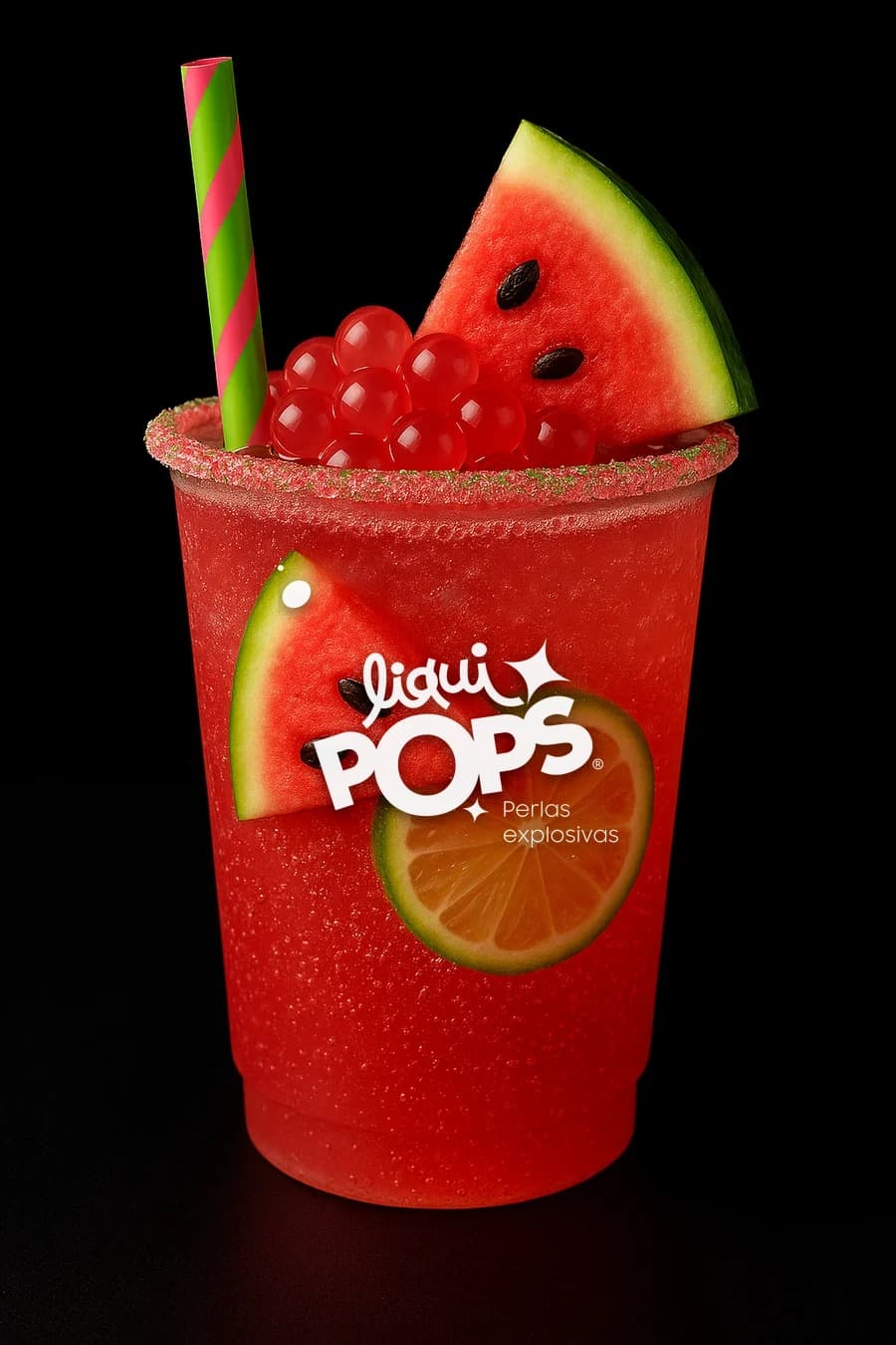 Soda de sandia roja con perlas explosivas LiquiPops, tajada de sandia y limon en vaso escarchado