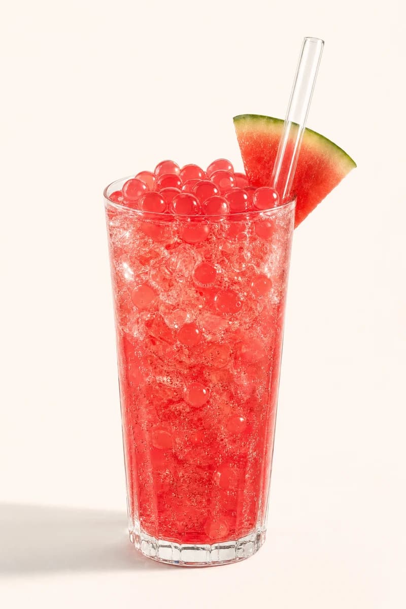 Soda de sandia roja con perlas explosivas LiquiPops y tajada de sandia en vaso alto con hielo