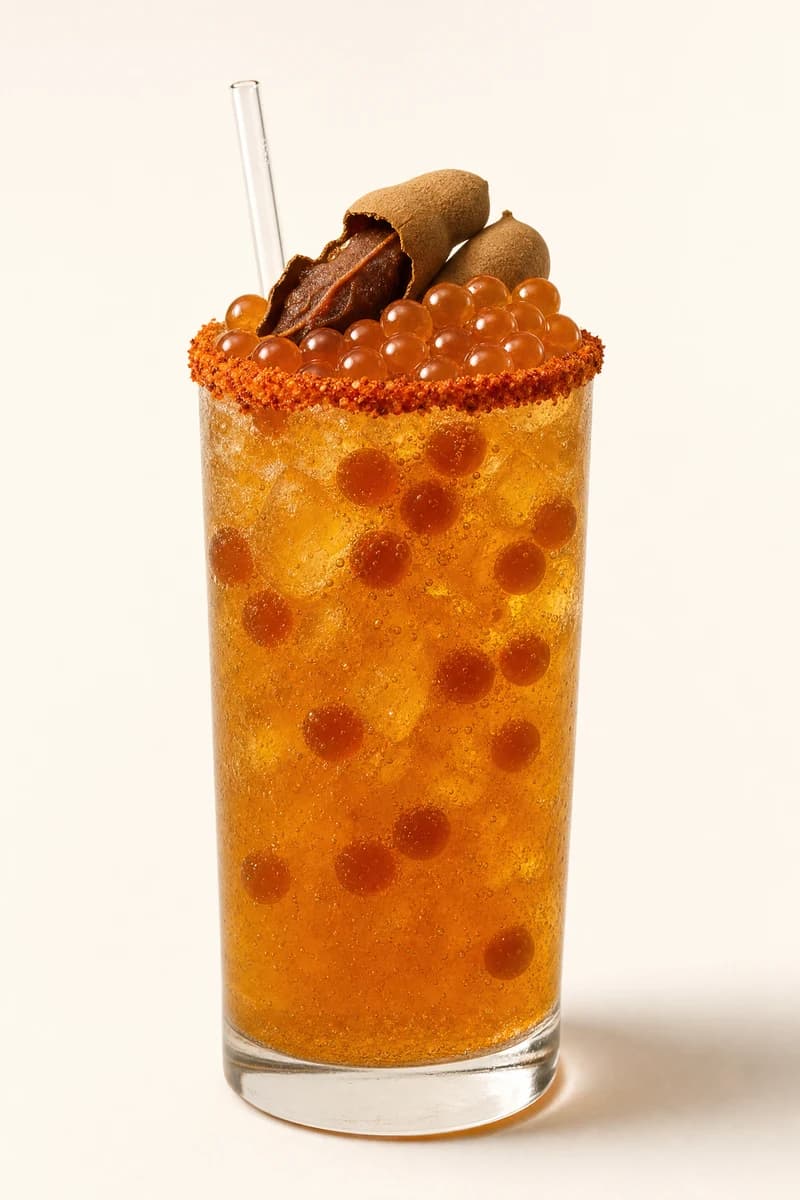 Soda de tamarindo con escarchado y perlas explosivas LiquiPops — vaso alto con tamarindo natural y burbujas