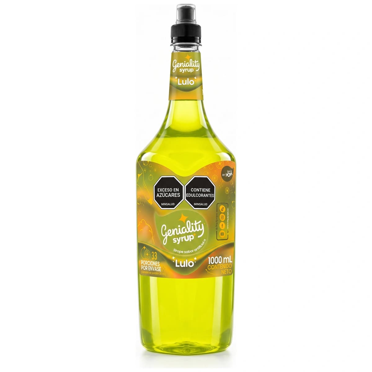 Sirope Geniality sabor LULO 1000ml — uso en granizados de fruterías, cócteles de bar y sodas saborizadas. Marca colombiana fabricada en Medellín.