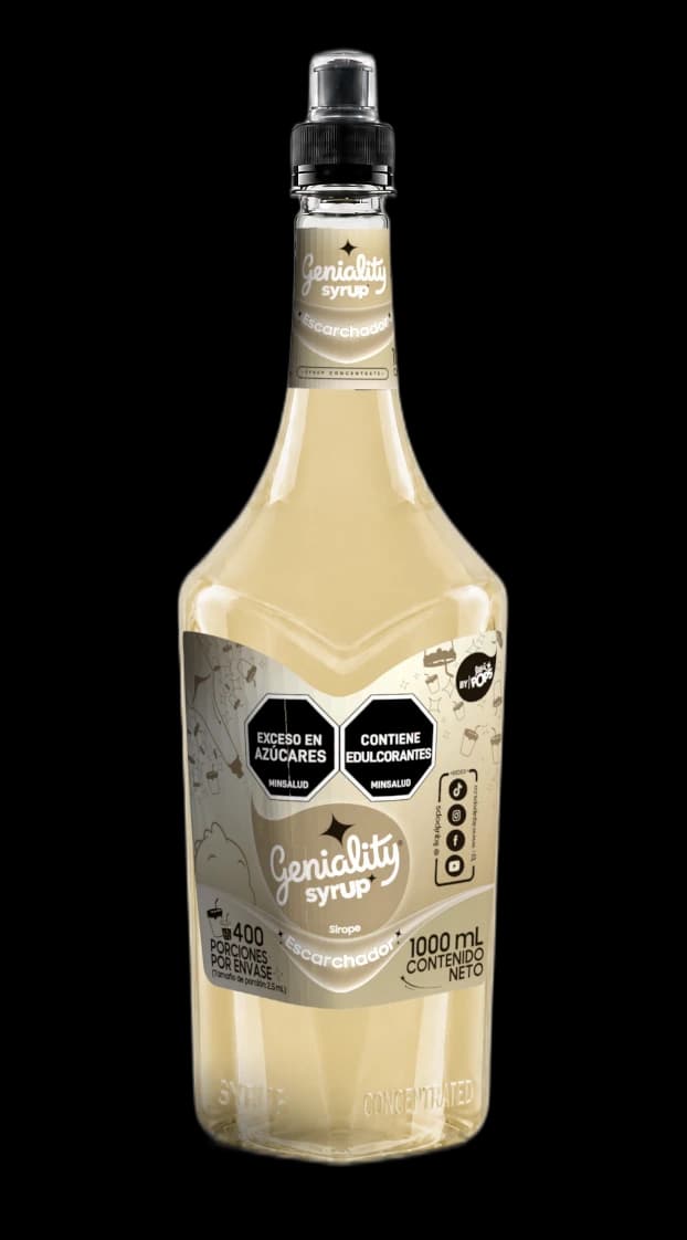Botella Geniality Jarabe Escarchador 1 L — etiqueta beige, sirope utilitario para adherir Skarcha (sales y azúcares) al borde de copas y vasos en coctelería premium