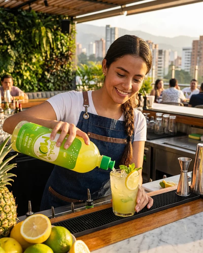 Bartender sirviendo base cítrica Liquimón en una limonada con menta y limón, con perlas explosivas LiquiPops en barra de terraza