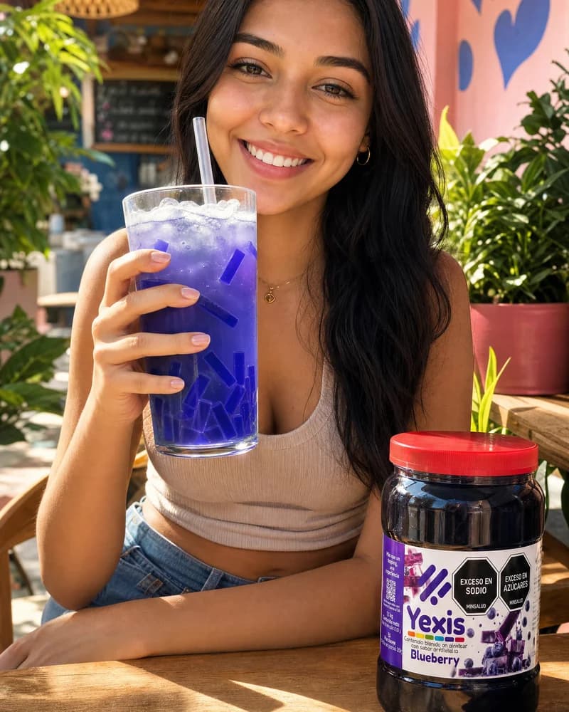 Mujer disfrutando una bebida morada de blueberry con jellys Yexis junto al tarro del producto — terraza al aire libre