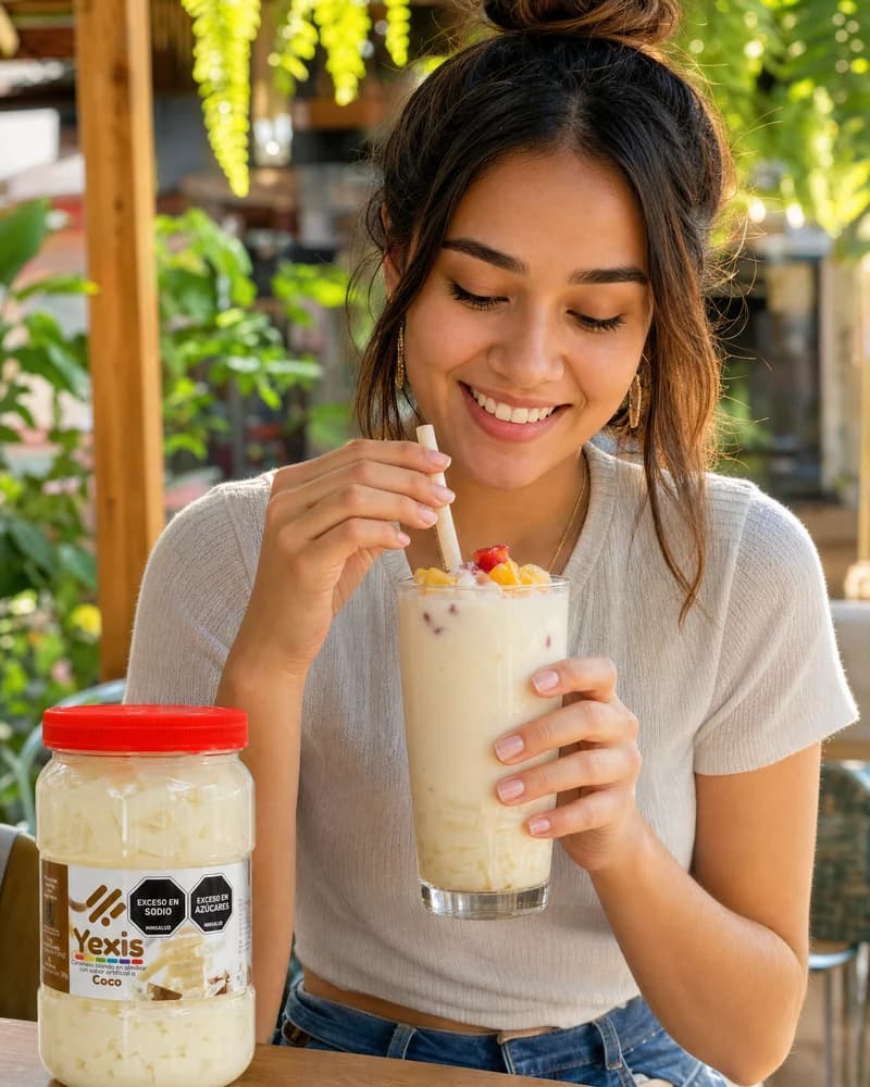 Mujer disfrutando una bebida cremosa de coco con jellys Yexis junto al tarro del producto — terraza con plantas