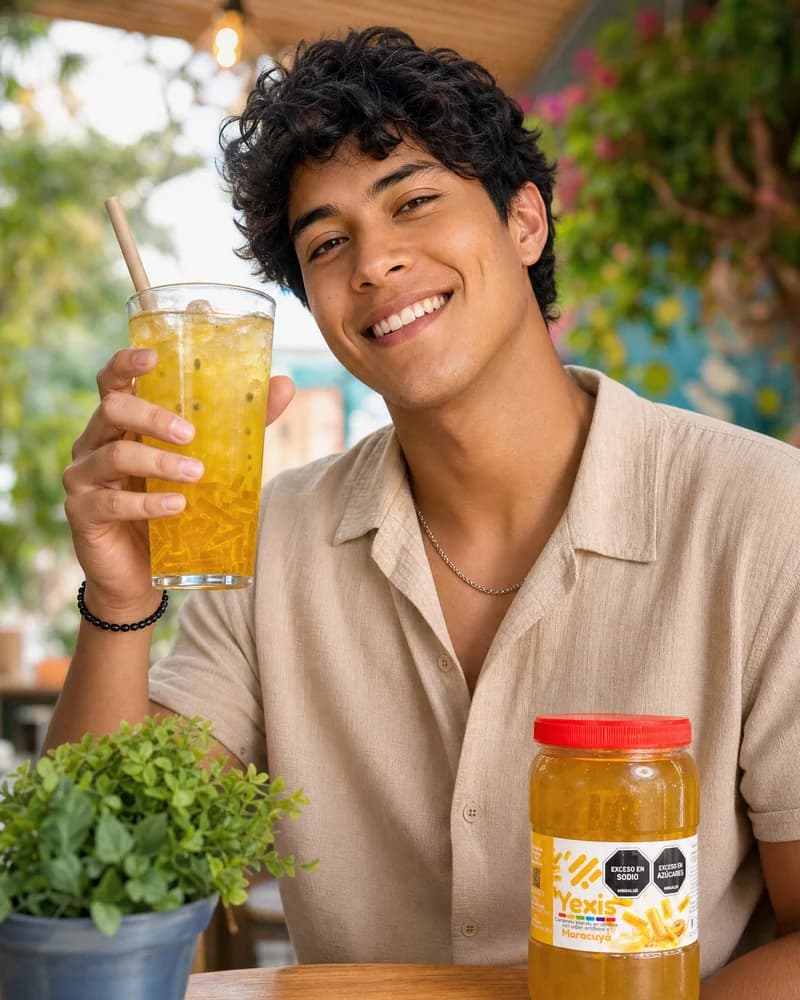 Hombre disfrutando una bebida amarilla de maracuya con jellys Yexis junto al tarro del producto — terraza al aire libre
