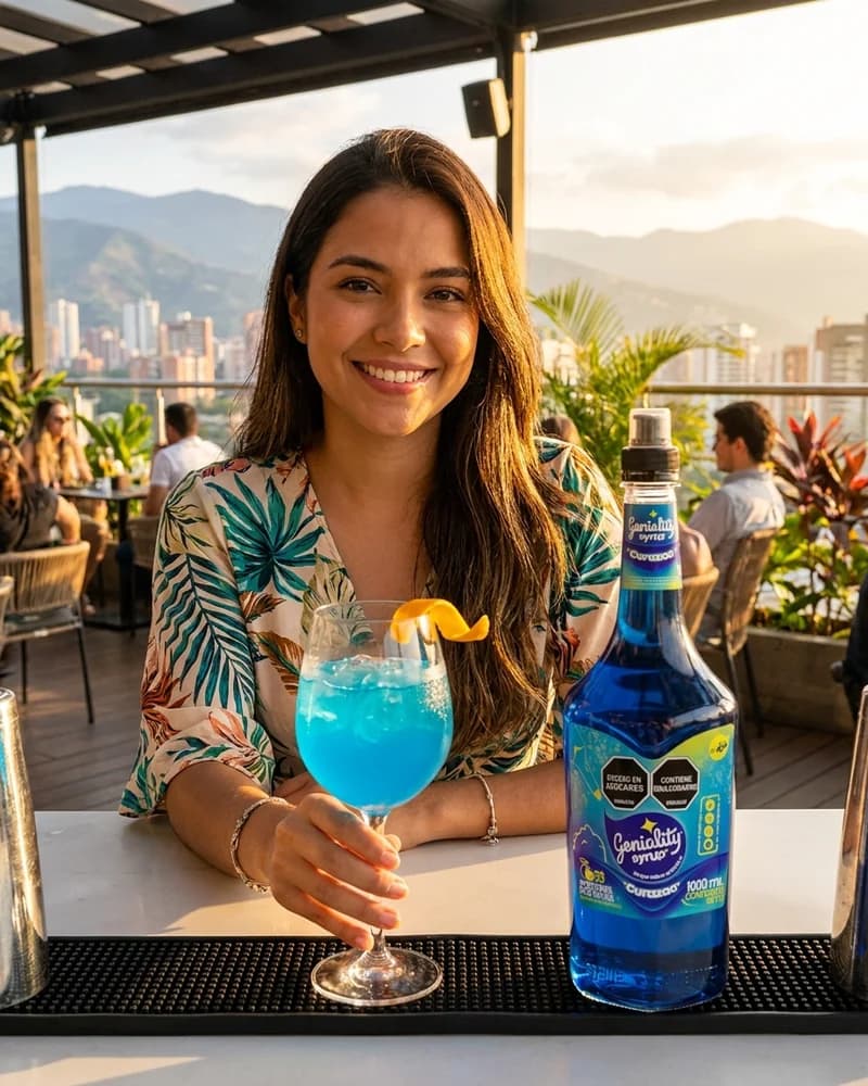 Chica en bar de terraza con copa de coctel azul de curazao junto al sirope Geniality y perlas explosivas LiquiPops