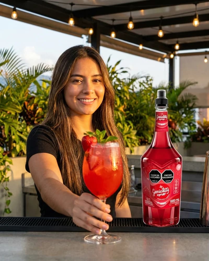 Chica ofrece copa de coctel de fresa rojo con menta junto al sirope Geniality fresa y perlas explosivas LiquiPops
