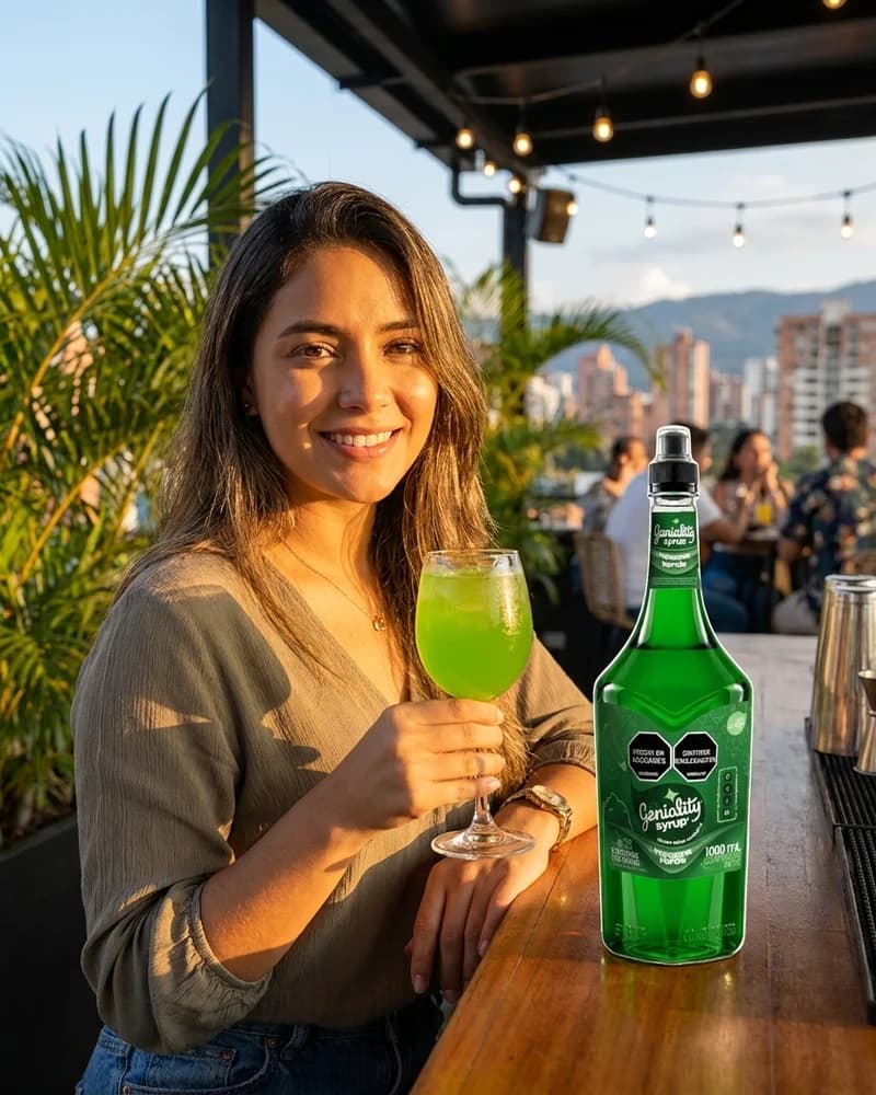 Chica sostiene copa de coctel de manzana verde junto al sirope Geniality verde con perlas explosivas LiquiPops en terraza