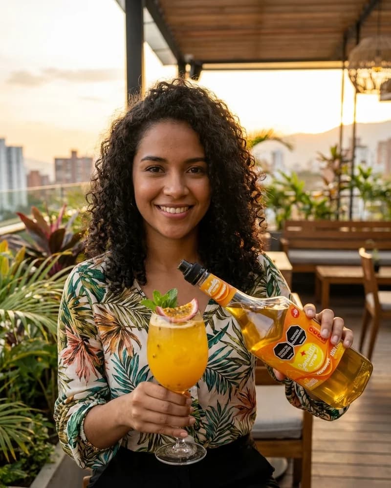 Chica con copa de coctel de maracuyá naranja y maracuyá fresca junto al sirope Geniality maracuyá con perlas explosivas LiquiPops