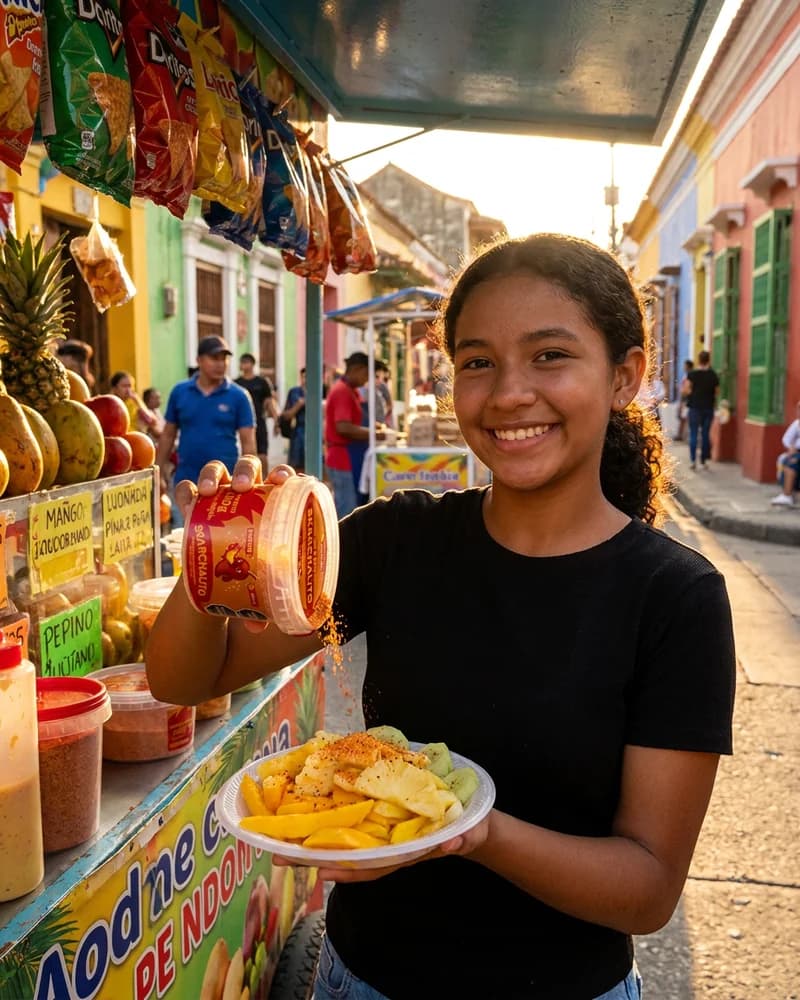 Joven en puesto de frutas de Cartagena espolvoreando Skarchalito chamoy sobre plato de frutas con perlas explosivas LiquiPops by LiquiPOPS